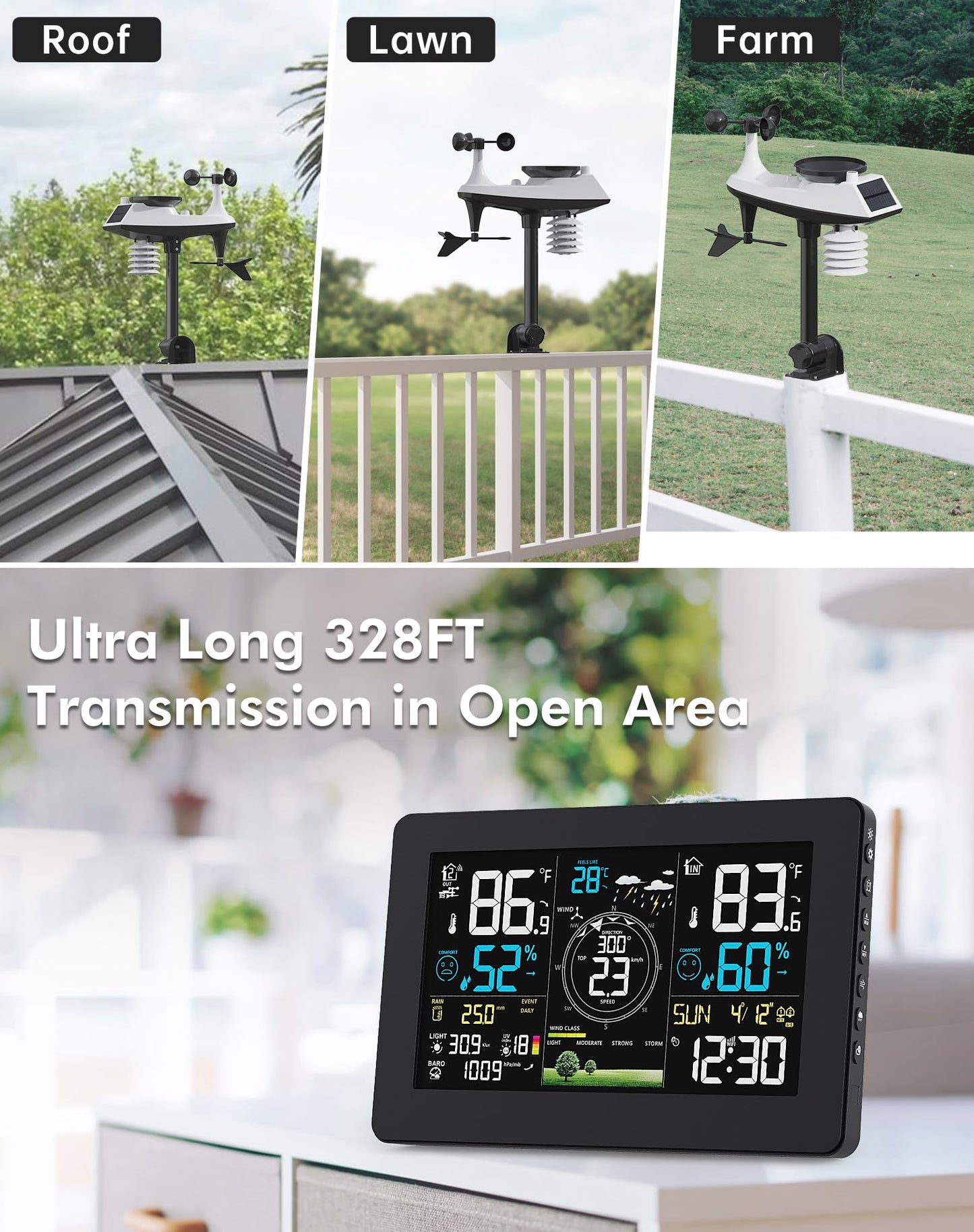 WiFi Weather Station Wireless Indoor Outdoor, Thermometer with Rain Gauge and Wind Speed/Direction, Large Display for Weather Forecast, Temperature, Humidity, Clock, Alarm, UV, Air Pressure, Black