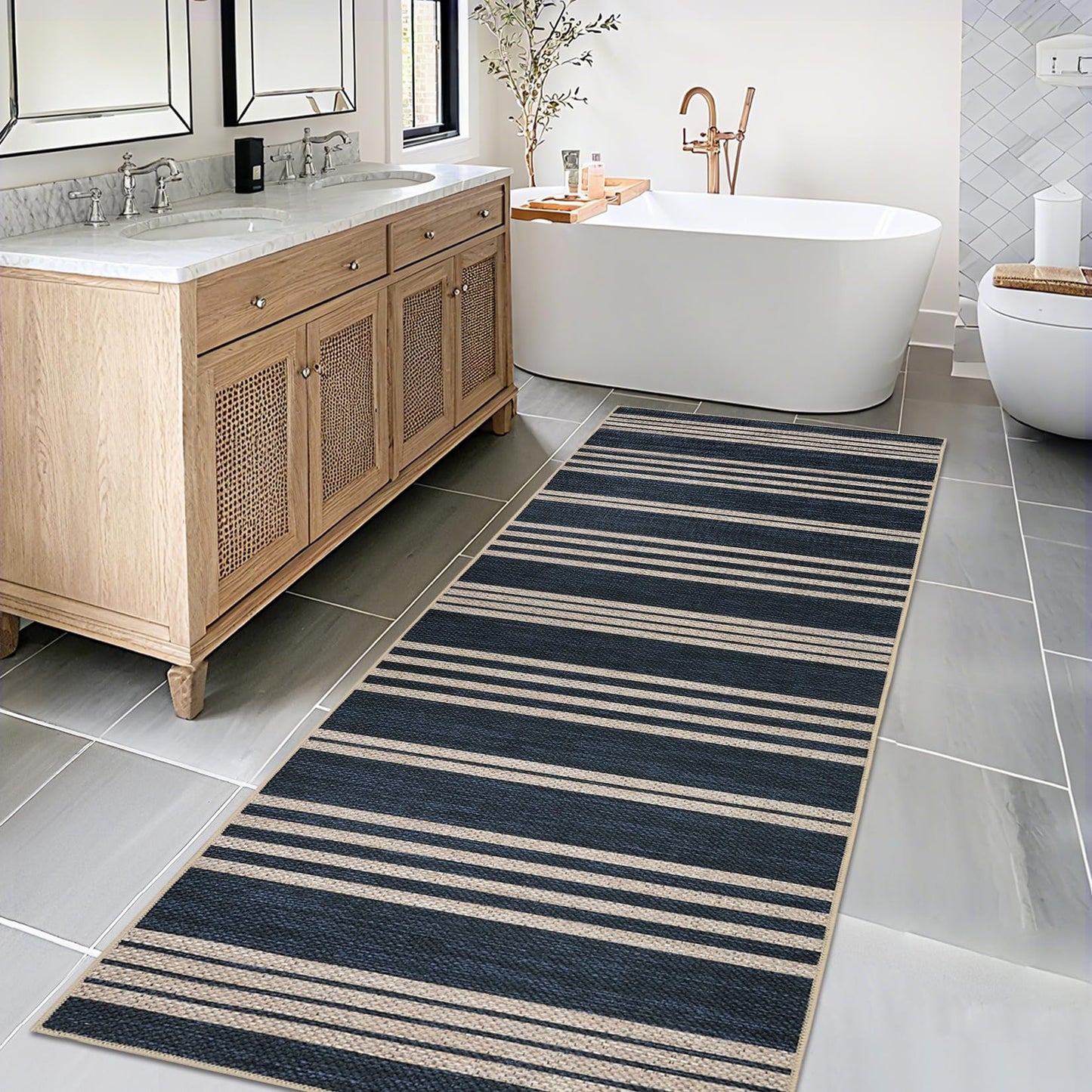 COZYLOOM Washable Living Room Rugs 8x10 Striped Easy Jute Rug with Non Slip Backing, Modern Stain Resistant Farmhouse Rugs for Patio Non Shedding Mats for Dining Room, Bedroom, RV, Navy Blue