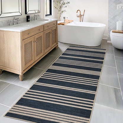 COZYLOOM Washable Living Room Rugs 8x10 Striped Easy Jute Rug with Non Slip Backing, Modern Stain Resistant Farmhouse Rugs for Patio Non Shedding Mats for Dining Room, Bedroom, RV, Navy Blue