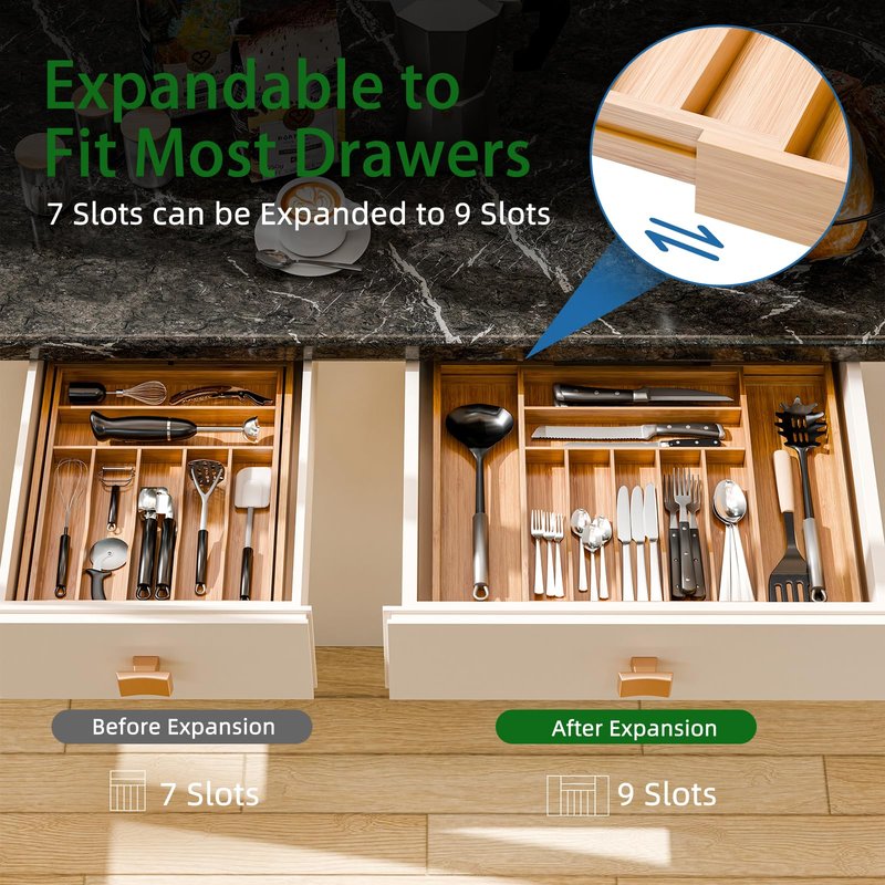 Simple Trending Bamboo Kitchen Drawer Organizer, Expandable Silverware Organizer, Utensil Cutlery Tray for Flatware, Natural