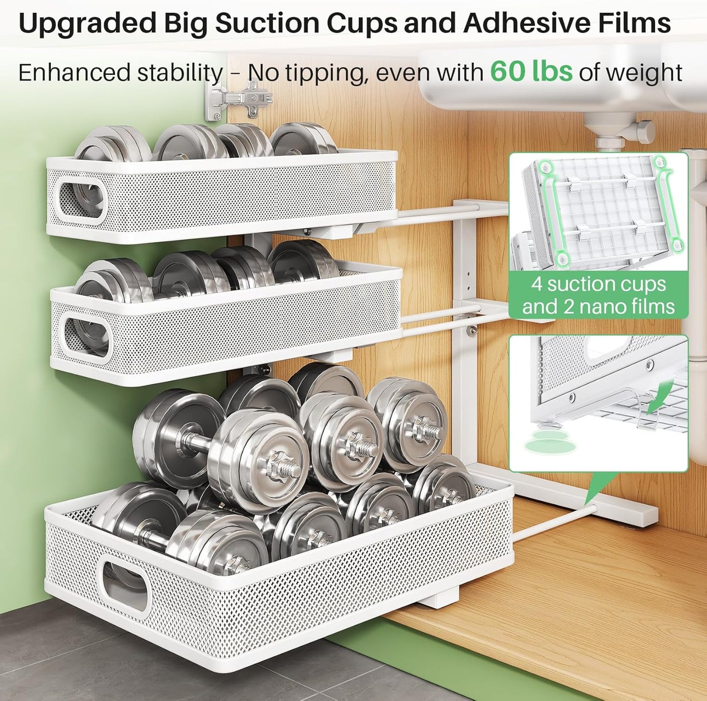 Kitstorack Under Sink Organizer - 2-Pack Adjustable Metal Cabinet Shelf | Slide-Out Storage for Kitchen & Bathroom