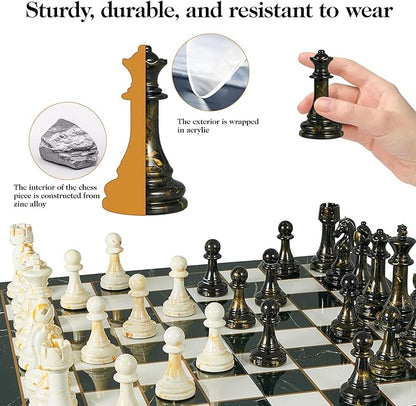 15 Large Chess Set for Adults with Extra 2 Queens Weighted Acrylic Pieces-3.5 King w/Leather Base Portable Folding Marbling Wooden Chess Board - Travel/Family Game &amp Elegant Gift