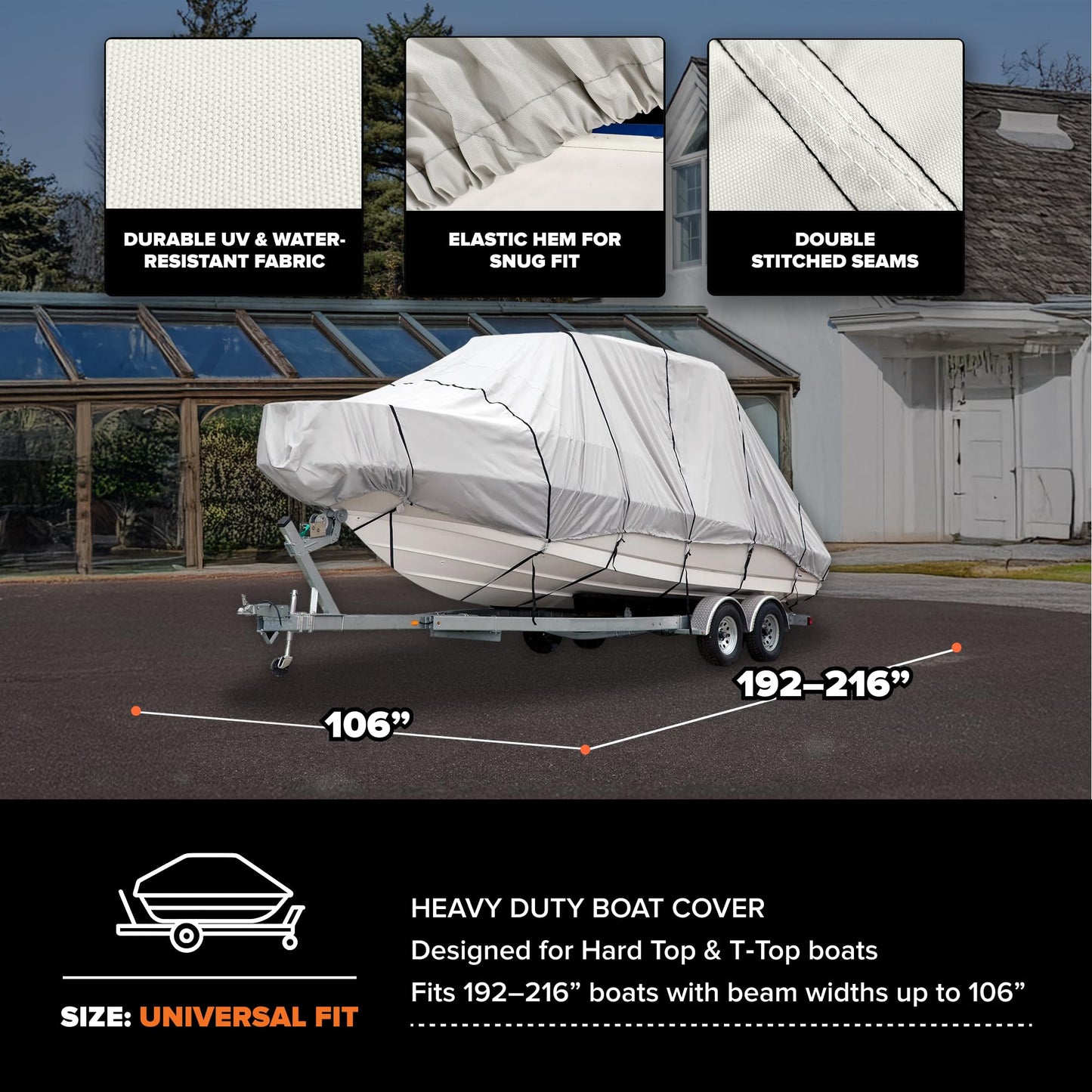 Budge Hard Top T-Top Boat Cover, Fits Boats 24-26ft with Beam up to 106", 600 Denier UV & Water Resistant Polyester, Gray