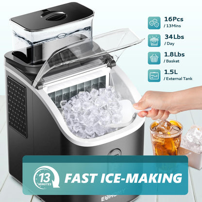 EUHOMY Ice Cube Maker Machine Countertop with External Water Tank, 2 Ways to Add Water, 34Lbs/Day, 16Pcs Ready in 7 Mins, Auto-Cleaning, with Ice Scoop & Basket, for Home/Kitchen/Office/Bar (Black)