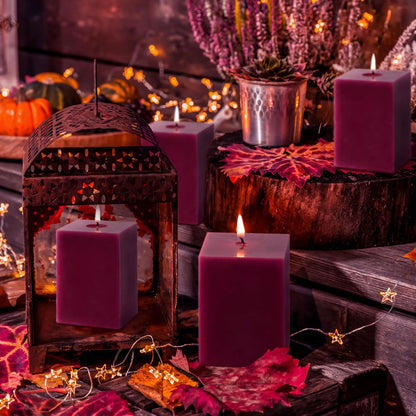 KONNI Square Purple Pillar Candles Set of 3, 2.8"x 4" Unscented Pillar Candles Bulk, 30 Hours Long Burning Candles, Smokeless and Dripless Large Candle for Wedding, Home Decoration, Parties, Spas