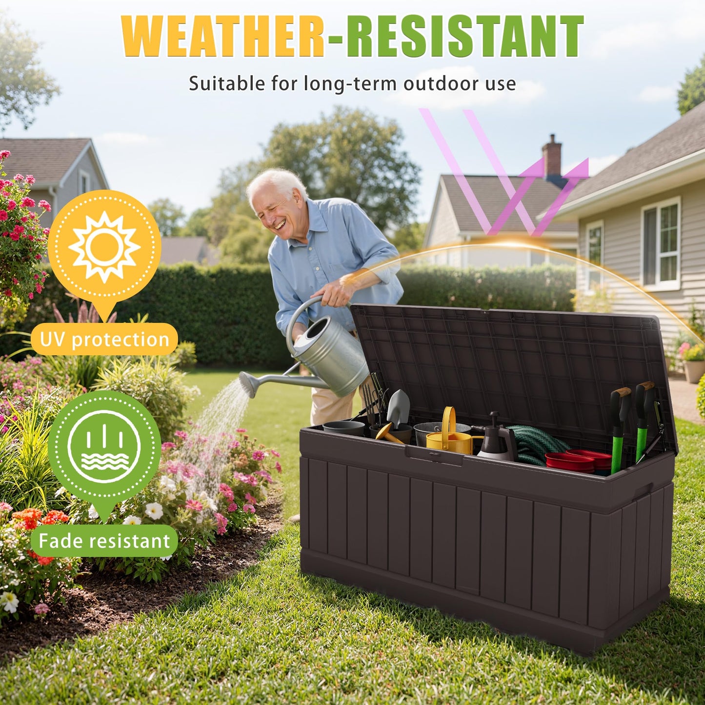 Greesum Outdoor Storage Box 82 Gallon Storage Bin with Lid for Patio Furniture, Garden Tools, Pool Supplies, Waterproof and UV Resistant, Lockable, Dark Brown