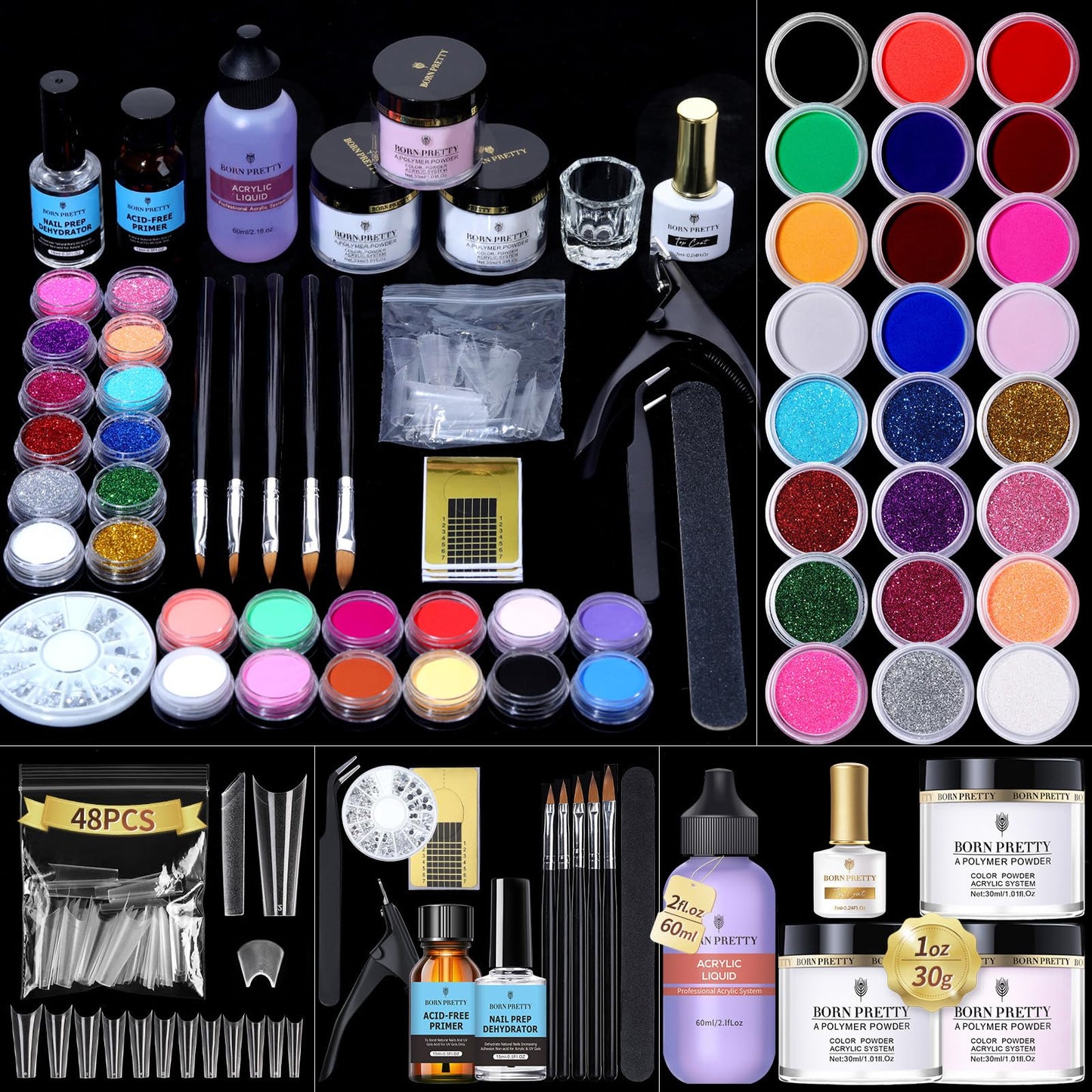 BORN PRETTY Acrylic Nail Kit - Acrylic Powder (Clear, White, Pink) & Liquid Set with Nail Forms, Brush Pen, File & Glass Container - Beginner Friendly