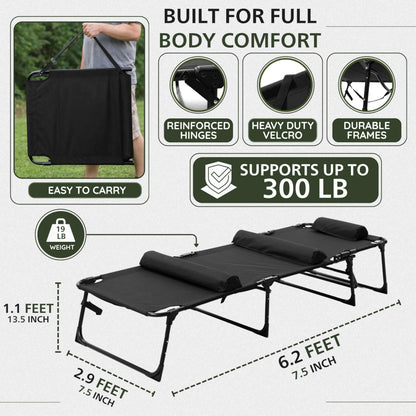 PLEOFLO Outdoor Lounge Chair | Extra Large Portable cot incl Leg Raising adjustability | Easy Setup & Takedown | Supports Adults up to 300 lb | Ideal for Camping Patio, Balcony, Beach & More