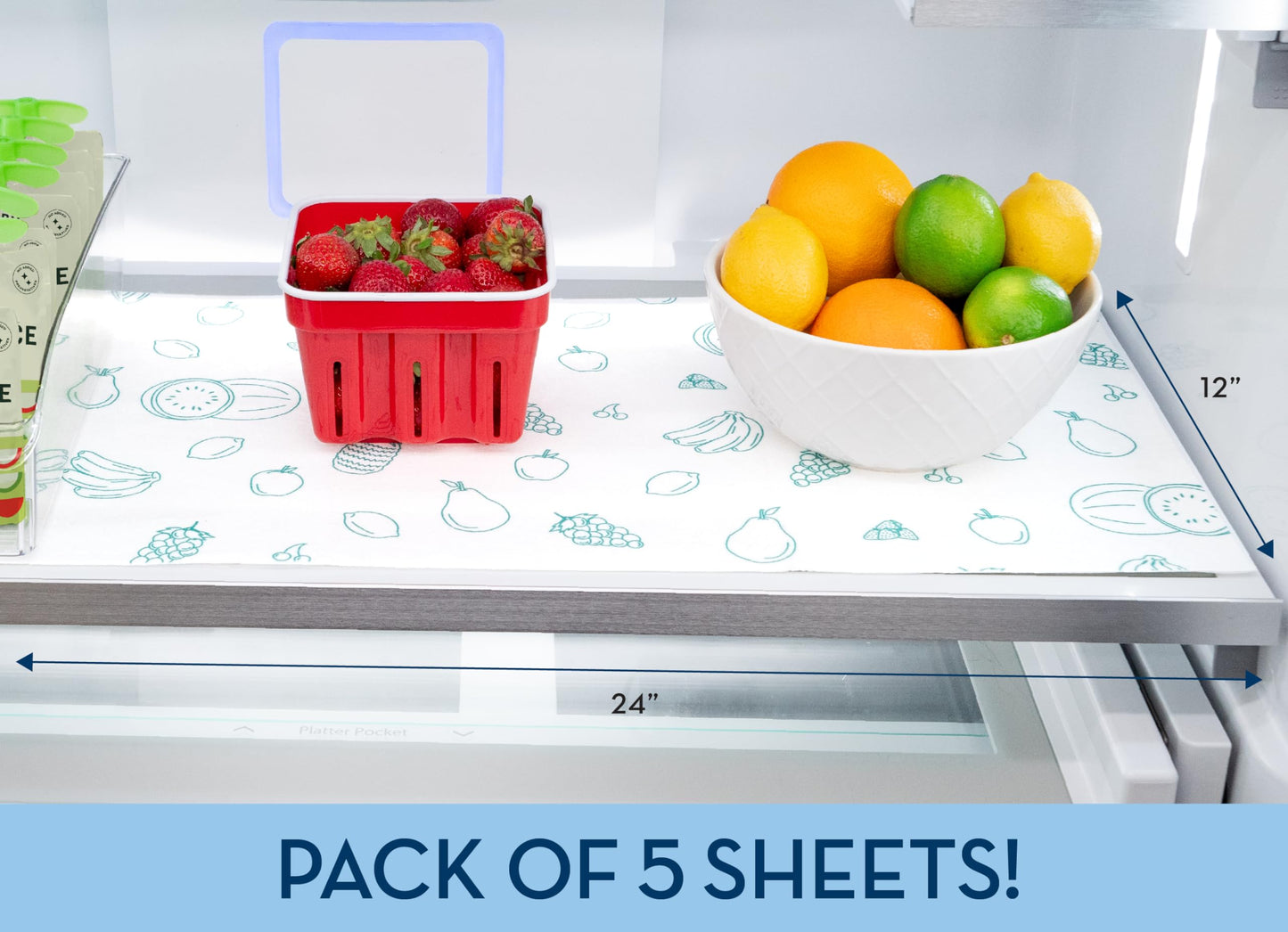 S&T INC. Fridge Liners, Shelf Liners for Kitchen Cabinets and Storage Bins, Non Adhesive Refrigerator Liners, Washable and Absorbent, 12 Inch x 24 Inch, Fruits, 5 Pack