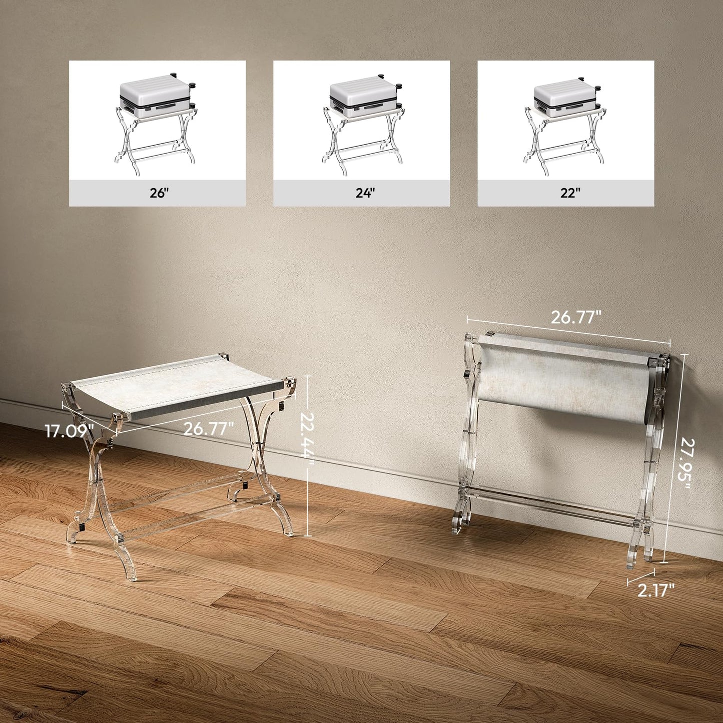 Byingo Acrylic Luggage Rack, Fancy Foldable Suitcase Stand with PET Fabric Shelf for Guest Room, Bedroom, Hotel, Holds Up to 50-100 lb, Modern, Portable, Easy to Use, Heavy-Duty