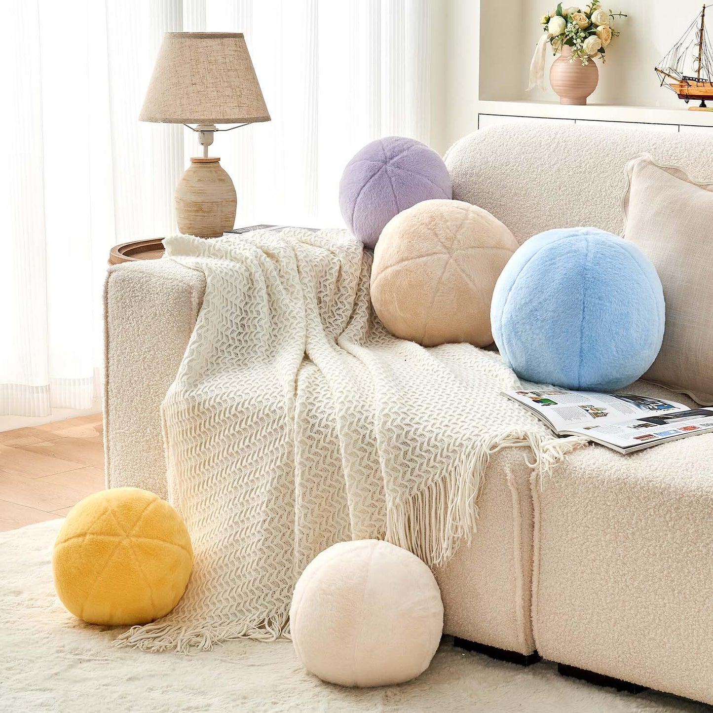 Uvvyui Beige Ball Pillow, 8" Cute Mini Round Throw Pillow Faux Rabbit Fur Room Decorative Throw Pillow, Ball Shaped Pillow Plush Cushion for Couch, Sofa, Bedroom