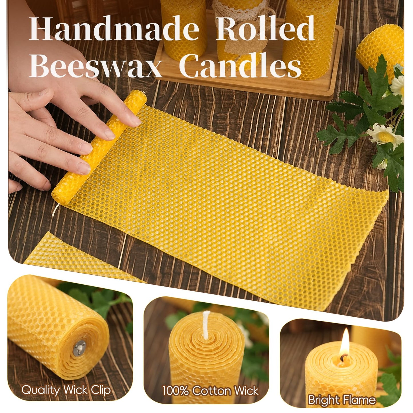 Pure Beeswax Pillar Candles,3 Pack Hand-Rolled Natural Beeswax Candles(1.77x3in,2x4in,2x6in) 60 Hours Burning Unscented Bees Wax Candle for Home,Smokeless&Dripless Pillar Candle for Meditation,Wedding