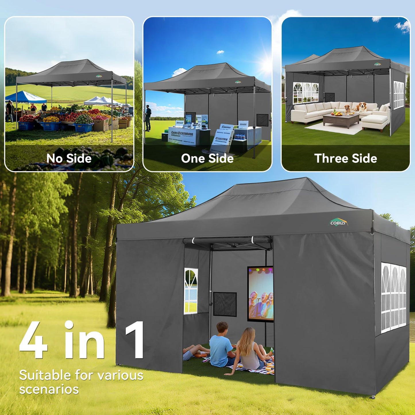 COBIZI 10x15 Heavy Duty Pop Up Canopy Tent with 4 Sidewalls Thicken Frame, Commercial Easy Up Outdoor Wedding Party Tents, All Season Waterproof Windproof with Stakes Sandbags Ropes Bag, Gray