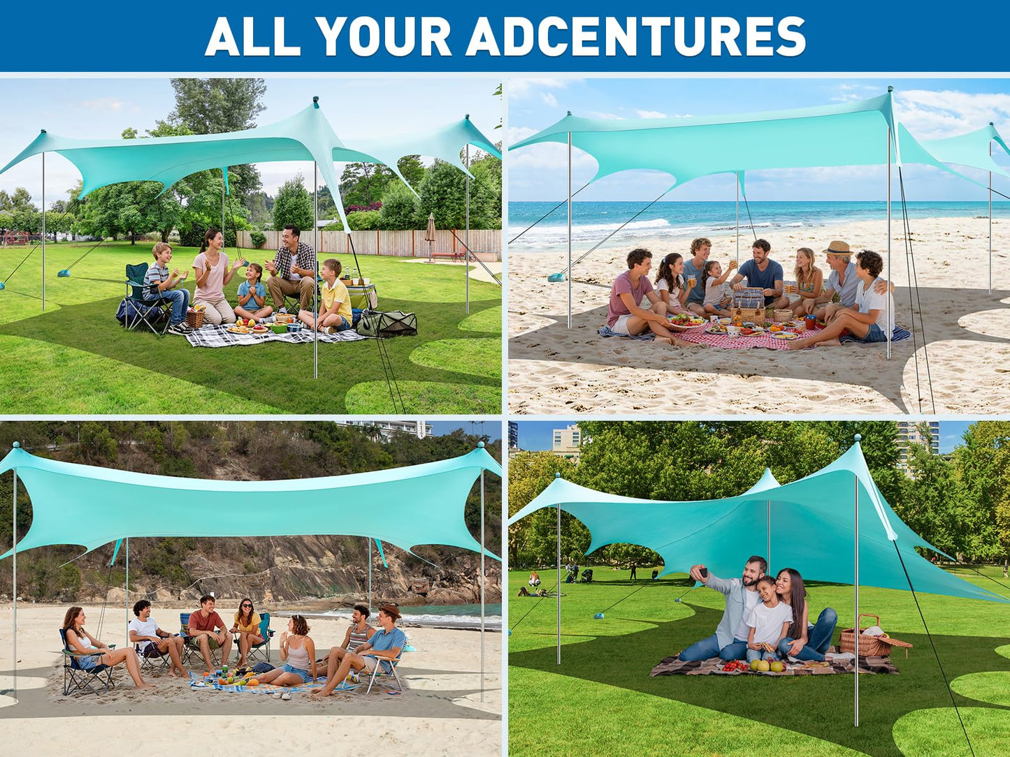 Beach Tent Shade Canopy, 14 x 11FT Oversized Beach Canopy with 8 Sandbags, UPF 50+ Protection Outdoor Beach Tent Sun Shelter for Camping Trips, Fishing, Backyard - Superior Wind Resistance