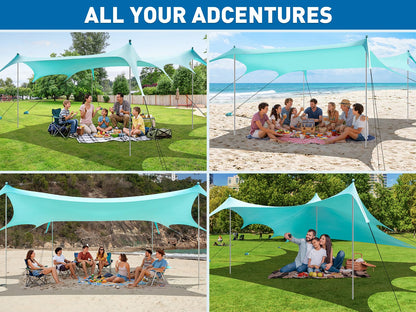 Beach Tent Shade Canopy, 14 x 11FT Oversized Beach Canopy with 8 Sandbags, UPF 50+ Protection Outdoor Beach Tent Sun Shelter for Camping Trips, Fishing, Backyard - Superior Wind Resistance