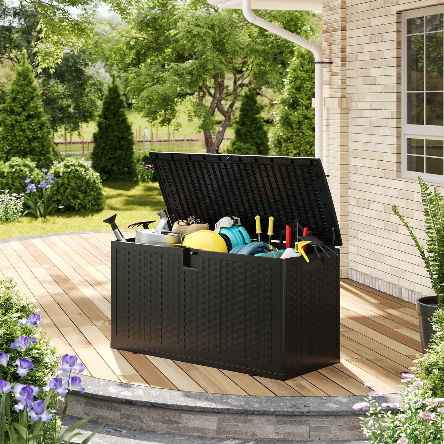 73-150 Gallon Large Outdoor Storage Box - Waterproof Resin Deck Box with Lockable Lid & Gas Struts, All-Weather Patio Storage Bench for Cushions, Pool Toys, Garden Tools, Rattan Texture (Brown/Black)