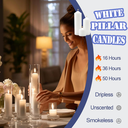 Veiuwa 36 Pcs White Pillar Candles Bulk Set，2x3 2x6 2x8 Inch - 12 Each Size，Hurricane Candles，Dripless Unscented Smokeless，Gives You a Better Atmosphere When Organizing an Event Party.