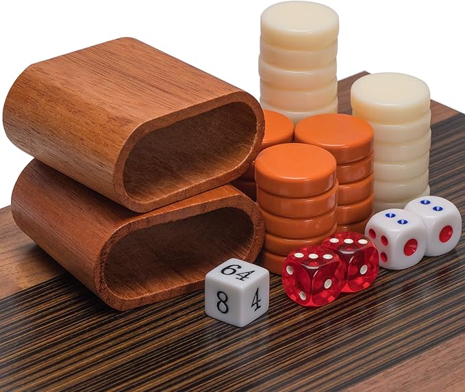Yellow Mountain Imports Wooden Inlaid Backgammon Game Set Pasadena - Classic Strategy Board Game Set with Acrylic Playing Pieces &amp Wooden Dice Cups 15-inch Board