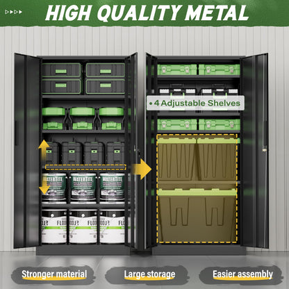 Greenvelly Metal Storage Cabinet, 72" Black Steel Garage Cabinet with Doors and Adjustable Shelves, Metal Cabinet with Lock,Garage Cabinets and Storage System for Garage,Home Office,School