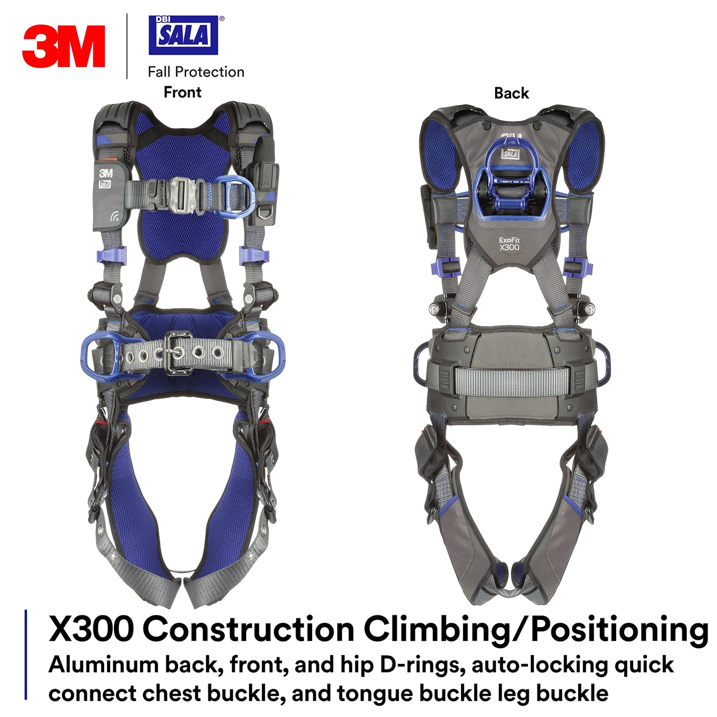 3M 1140188 DBI-SALA ExoFit X300 Comfort Construction Climbing Positioning Safety Harness Fall Protection, Back, Front, Hip D-Rings, Auto-Locking Quick Connect Chest Buckle, Tongue Leg Buckle, Medium