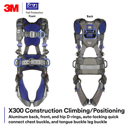 3M 1140188 DBI-SALA ExoFit X300 Comfort Construction Climbing Positioning Safety Harness Fall Protection, Back, Front, Hip D-Rings, Auto-Locking Quick Connect Chest Buckle, Tongue Leg Buckle, Medium
