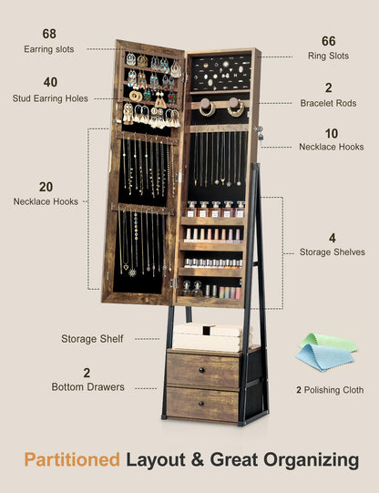 Nicetree Jewelry Cabinet,Standing Jewelry Mirror with Storage, Mirror Jewelry Armoire with 2 Drawers, Full Length Mirror with Lock, Shelf, Polishing Cloth,Wood Grain Brown