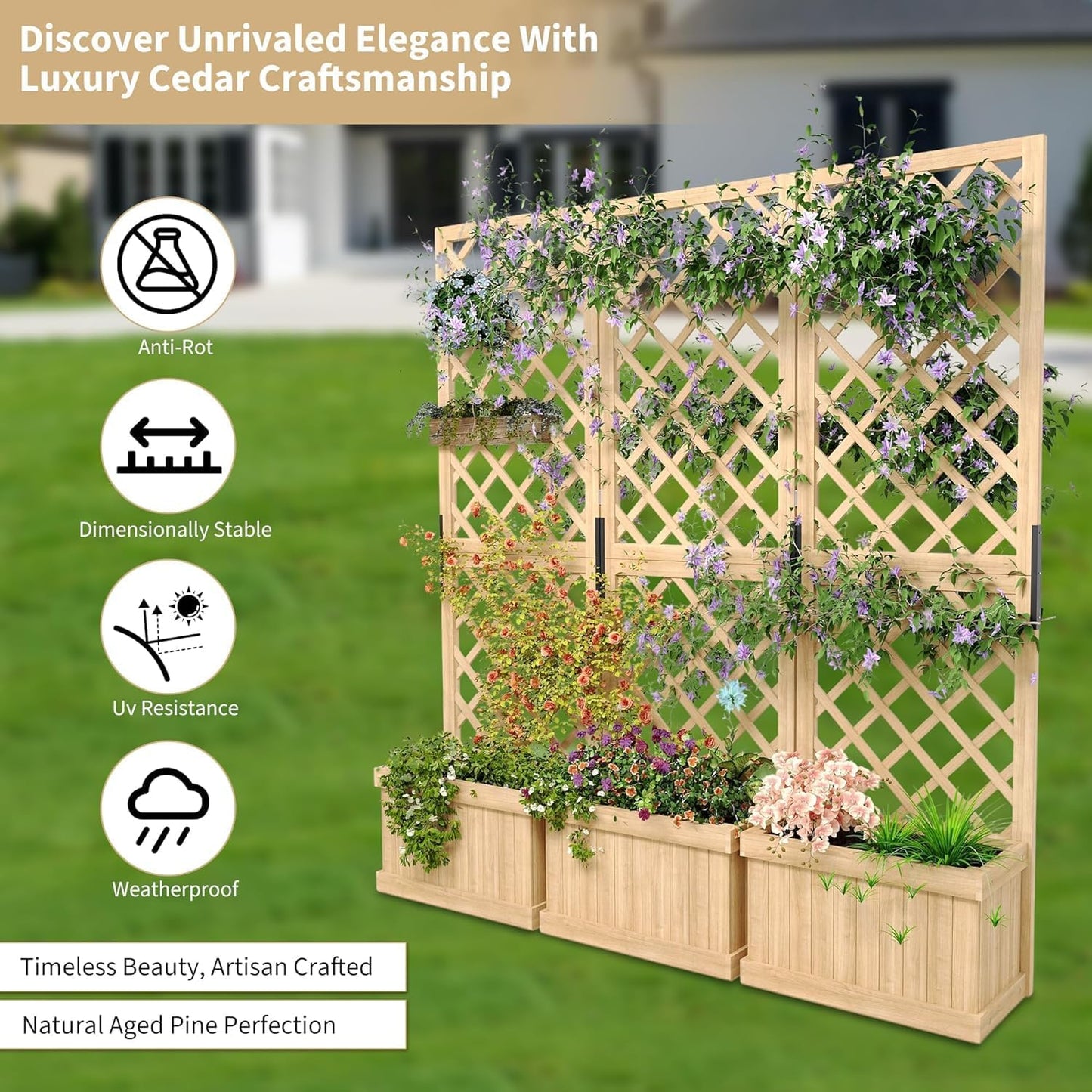 Wooden Planter Box Privacy Screen, Freestanding Cedar Outdoor Privacy Fence with Built-in Planters, Folding Patio Divider Panel with Drainage for Backyard, Balcony, Deck and Garden, Decorative Fences