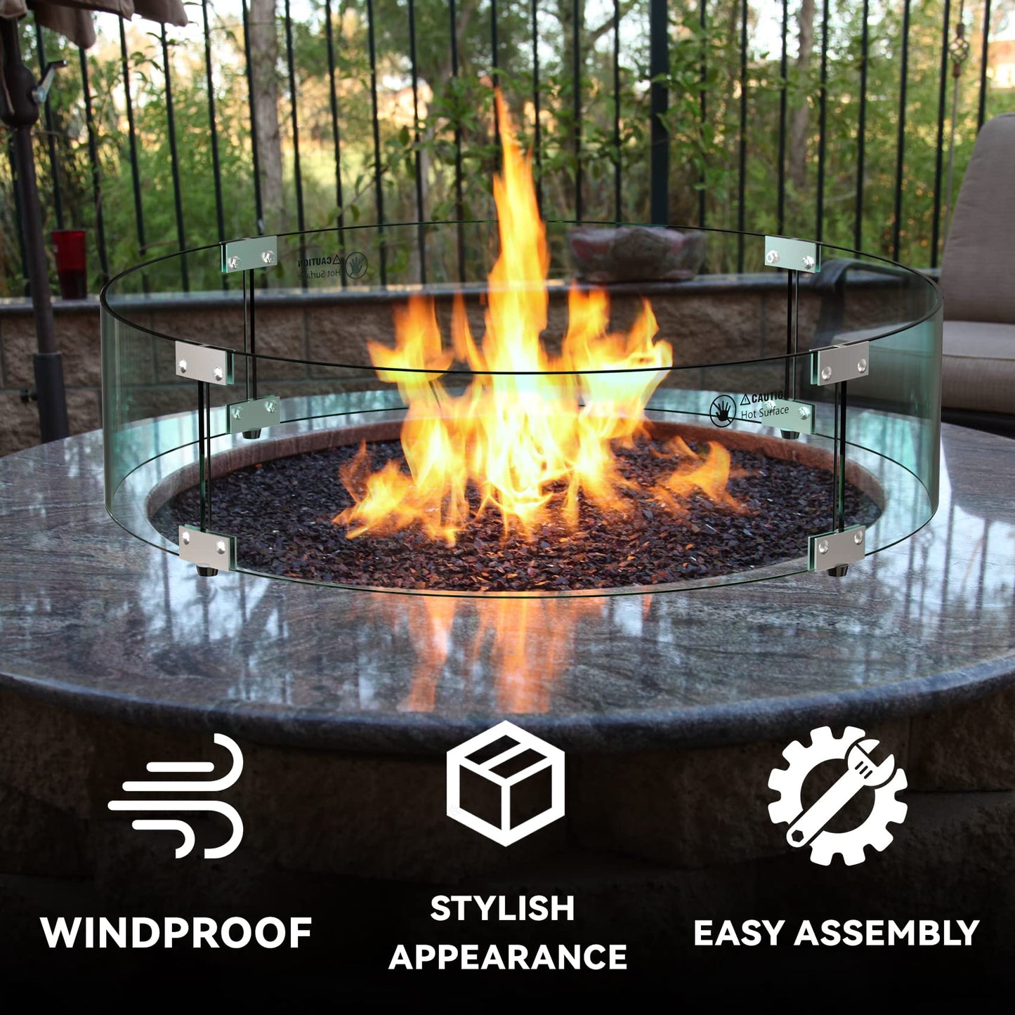 Skyflame 24" Round Fire Pit Glass Wind Guard, Thick & Clear Tempered Glass Flame Shield with Bracket & Feet, Fit for Outdoor Propane/Natural Gas Fire Pit/Table