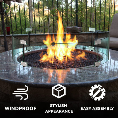 Skyflame 24" Round Fire Pit Glass Wind Guard, Thick & Clear Tempered Glass Flame Shield with Bracket & Feet, Fit for Outdoor Propane/Natural Gas Fire Pit/Table
