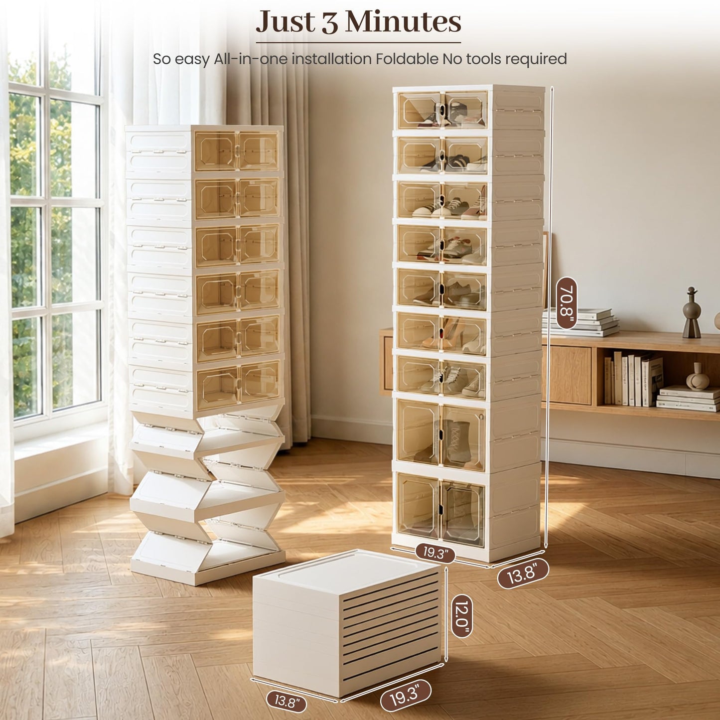 Tykacna Foldable Shoe Rack Organizer with Magnetic Clear Doors, 9 Tier Collapsible Shoe Storage Cabinet, Large Plastic Portable Shoe Box with Wheels for Closet, Entryway, Bedroom, Fits 18 Pairs