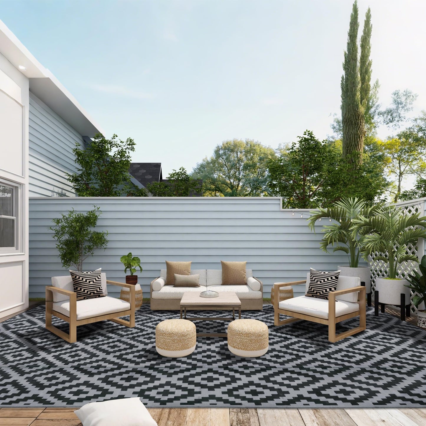 SAND MINE Waterproof Outdoor Rug 10x20 ft, Plastic Reversible Rug, Modern Area Rug, Large Floor Mat for Outdoors, RV, Patio, Backyard, Deck, Picnic, Beach, Camping, Black & Grey