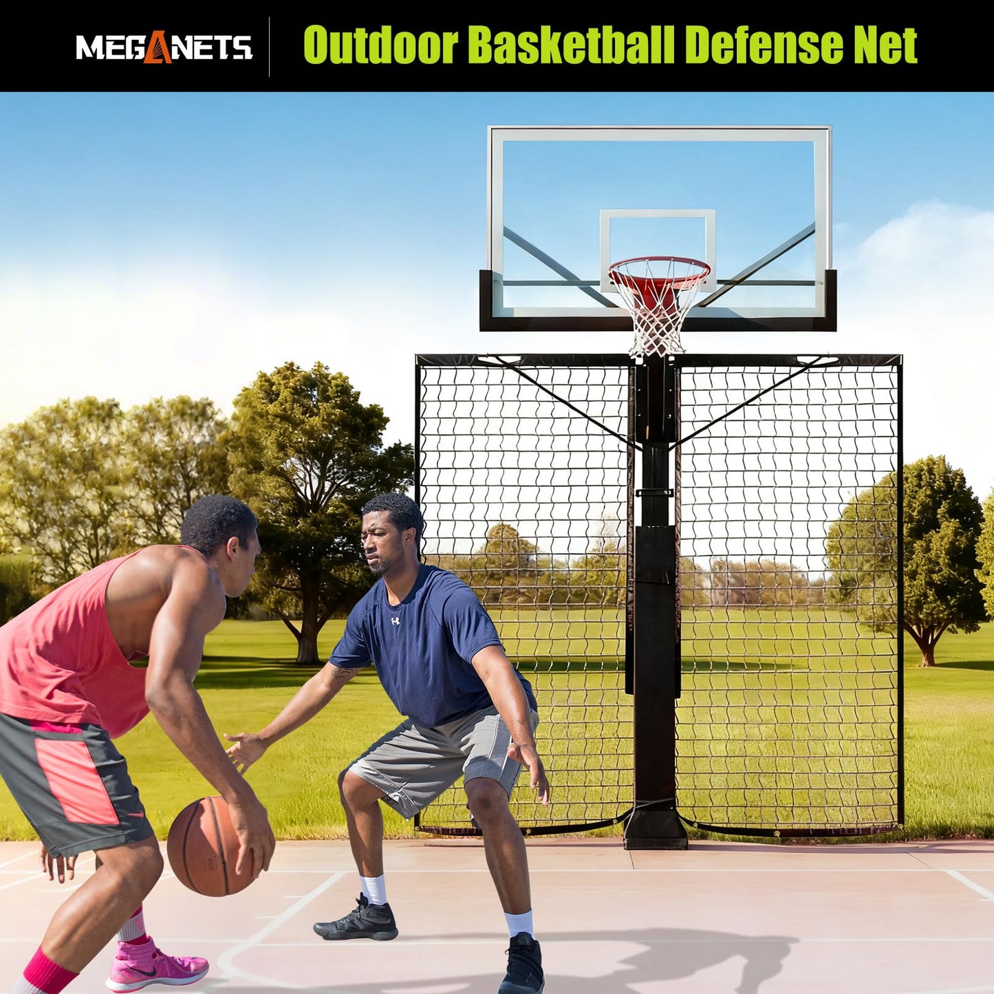 MegaNets Heavy Duty Basketball Return Net 12FT X 10FT, UV-Resistant Yard Guard Backstop Net Basketball Return & Defensive Net System, Ball Net Catcher Suit for Square Poles