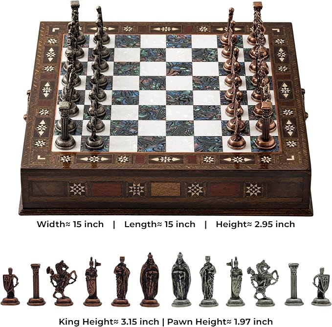 15’’ Unique Handmade Chess Set – Handmade Wooden Storage Board with Metal Chess Pieces – Luxury Gift for Men and Collectors – Gift for Dad (Purple)