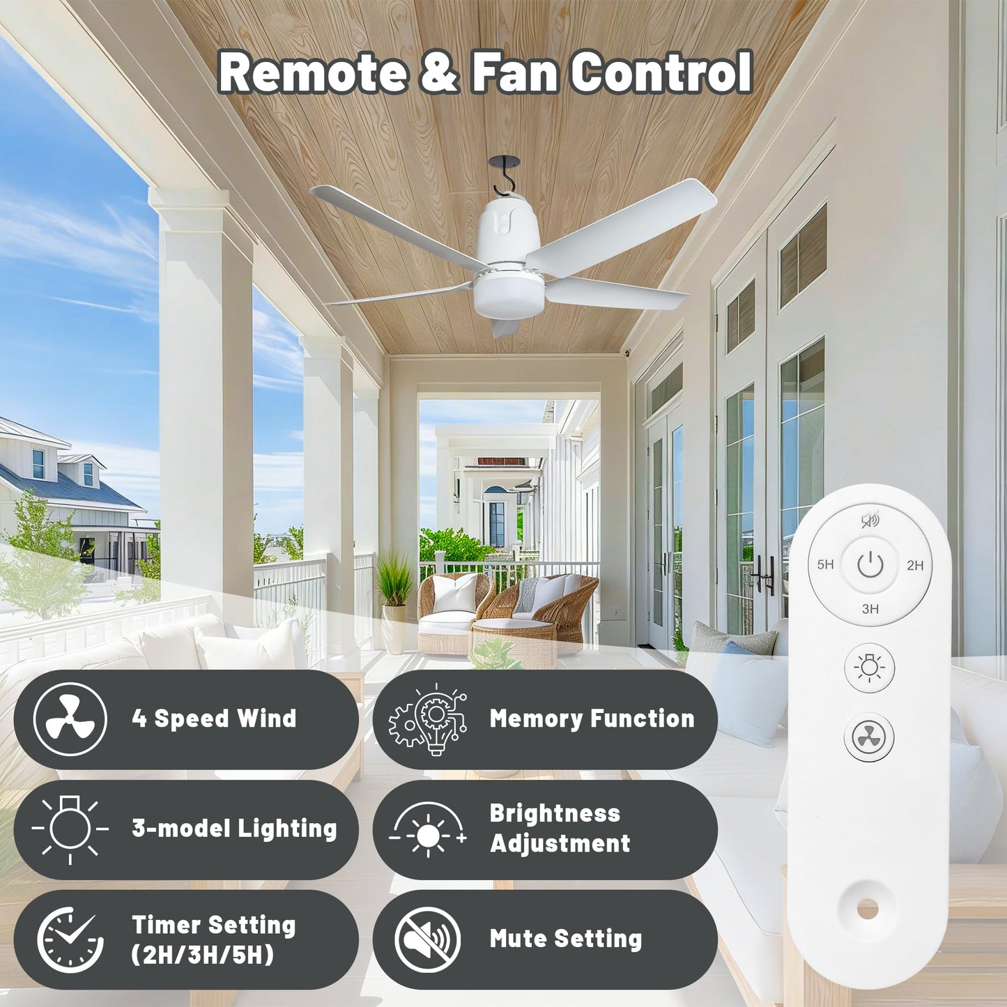 Gazebo Outdoor Ceiling Fan Light 31.5'', 40000mAh Large Portable Ceiling Fan With Remote and Hanging Hook, 4 Wind Speeds, 3000K-6500K Dimmable Canopy Fan Light For Patios, Pop Up Tent, Camping