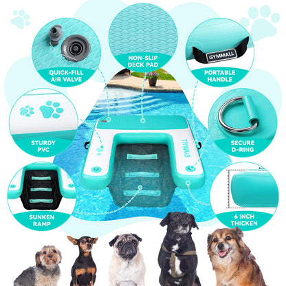 GYMMALL Dog Water Ramp 47 * 40inch Inflatable Pet Floating Platform Green, Dog Dock Ramp for Boat Pool Lake Sea, Non-Slip Pool Water Ramp for Dogs up to 220lbs, EVA Float Ramp Dog Water Ladder