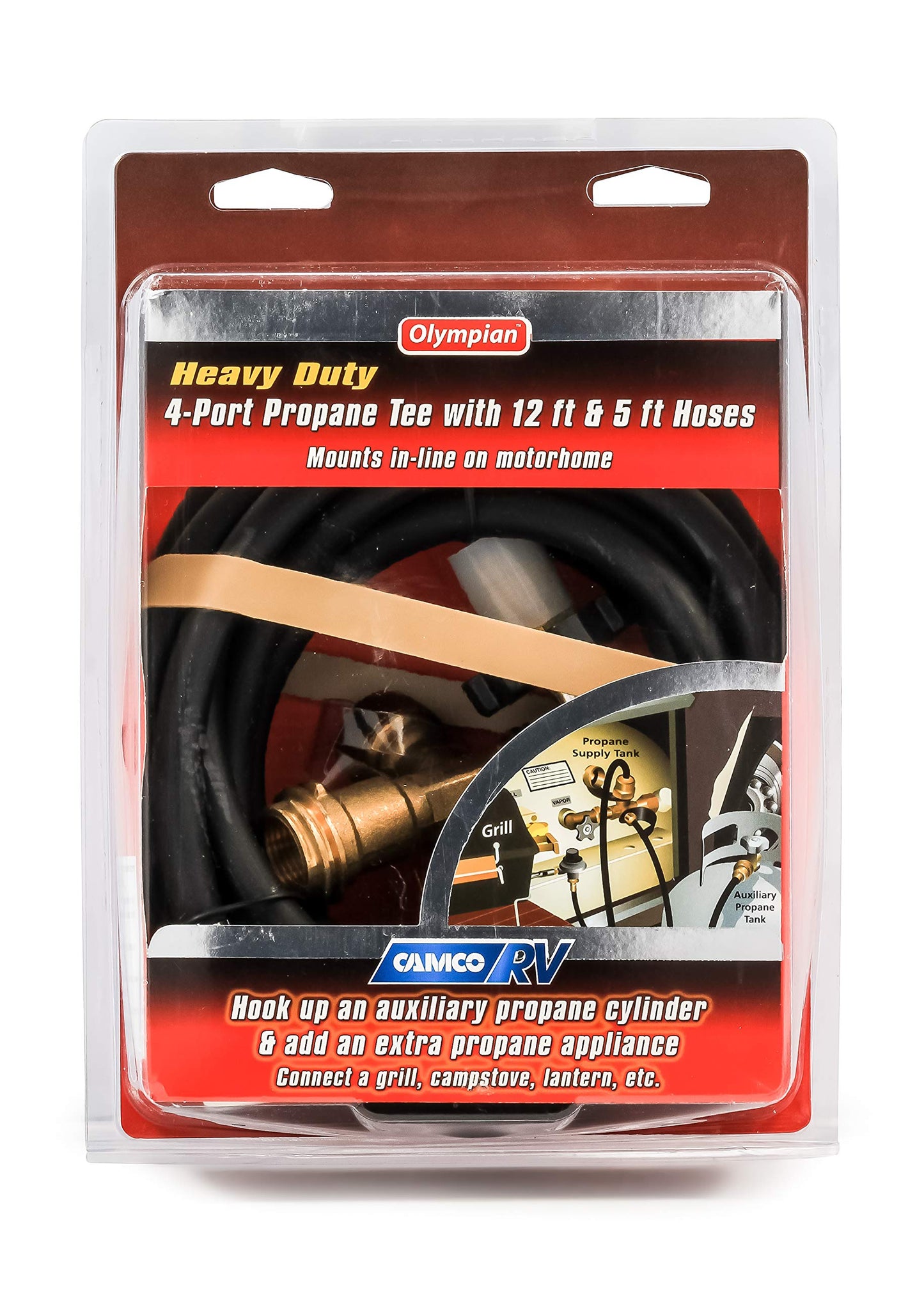 Camco Propane Brass 4 Port Tee- Comes with 5ft and 12ft Hoses, Allows for Connection Between Auxiliary Propane Cylinder and Propane Appliances (59123), Black