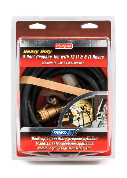 Camco Propane Brass 4 Port Tee- Comes with 5ft and 12ft Hoses, Allows for Connection Between Auxiliary Propane Cylinder and Propane Appliances (59123), Black
