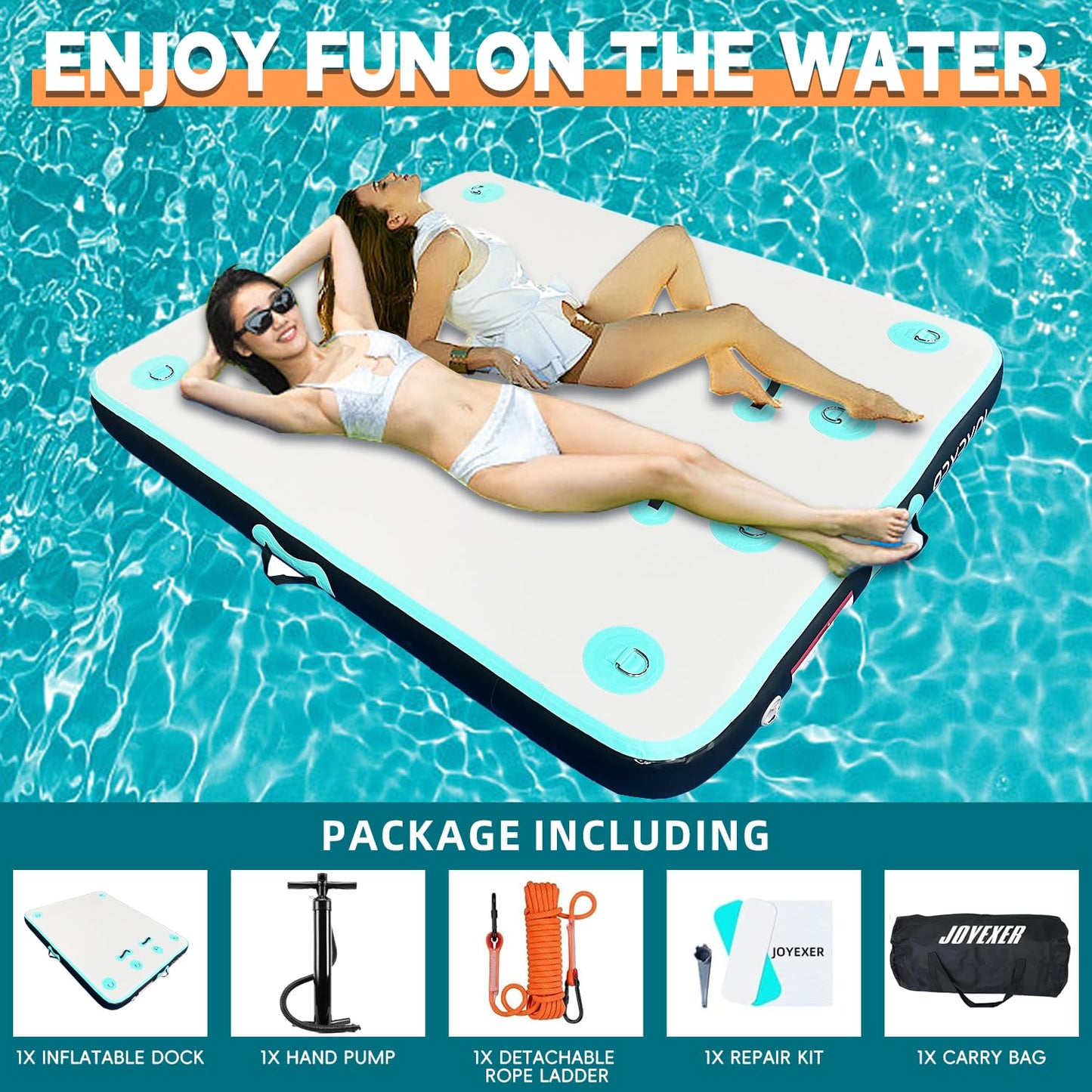 Inflatable Floating Dock, 8 x 6ft Air Dock Platform, Island Raft Mat with Rope Ladder & Non-Slip Surface for Lakes Beach Ocean