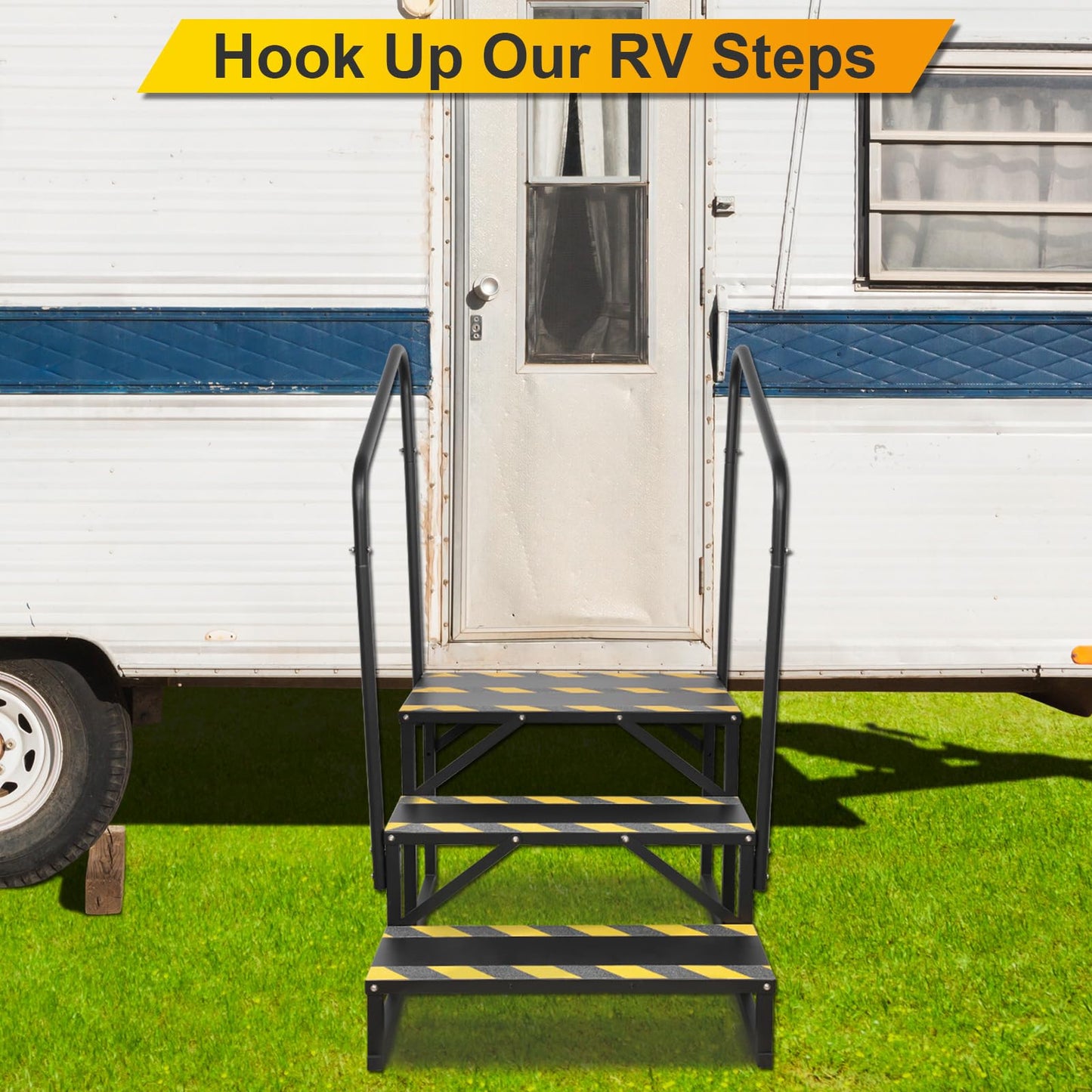TOCRETOARE RV Steps with Handrail, Hot Tub Steps with Handrail, Portable Stairs Steps for 5th Wheel RV, Mobile Home Stairs Outdoor RV Step (3 Steps with 2 Handrails)