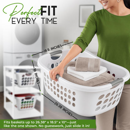 Laundry Basket Holder Shelf – Stackable Engineered Wood Laundry Tower with Wheels, Tiered Laundry Hamper Organizer for Bathroom, Bedroom, Closet (White, 2 Tier)