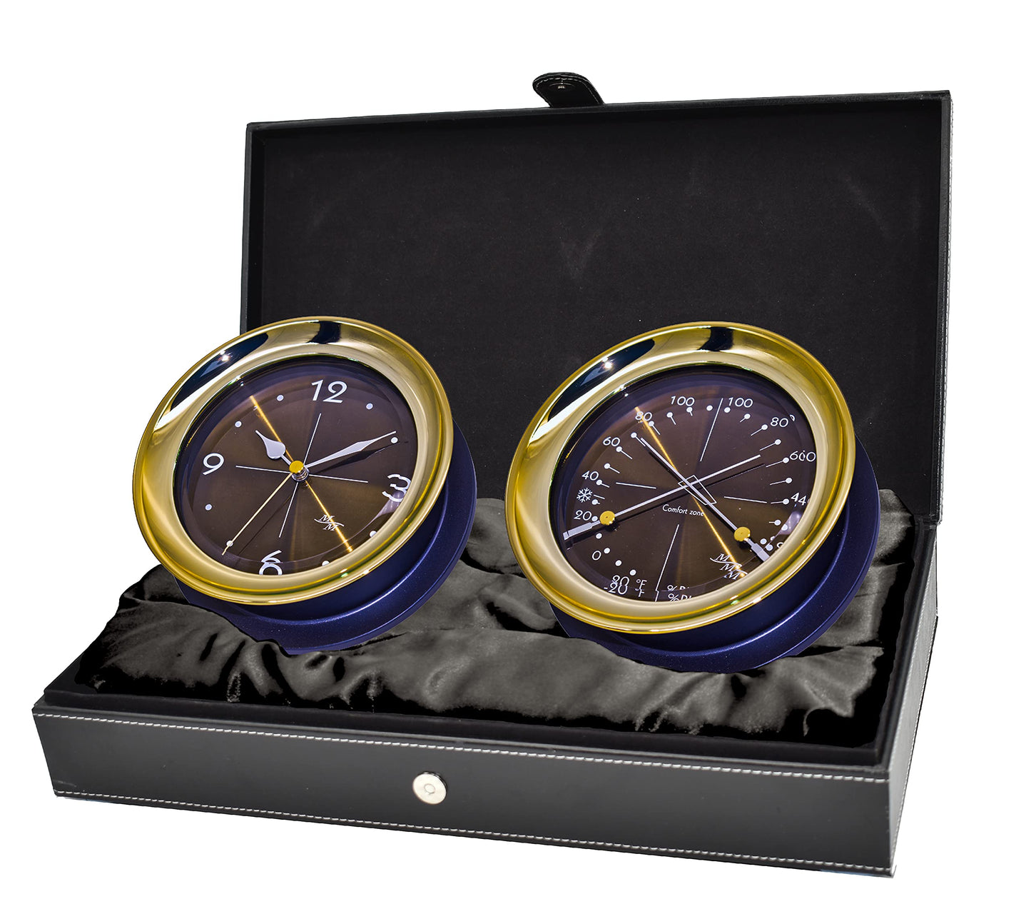 MASTER-MARINER Halo Collection Gift Set, 5.85” Diameter Clock and Barometer Instruments, Gold and Black Two Tone Finish, Midnight Gold dial