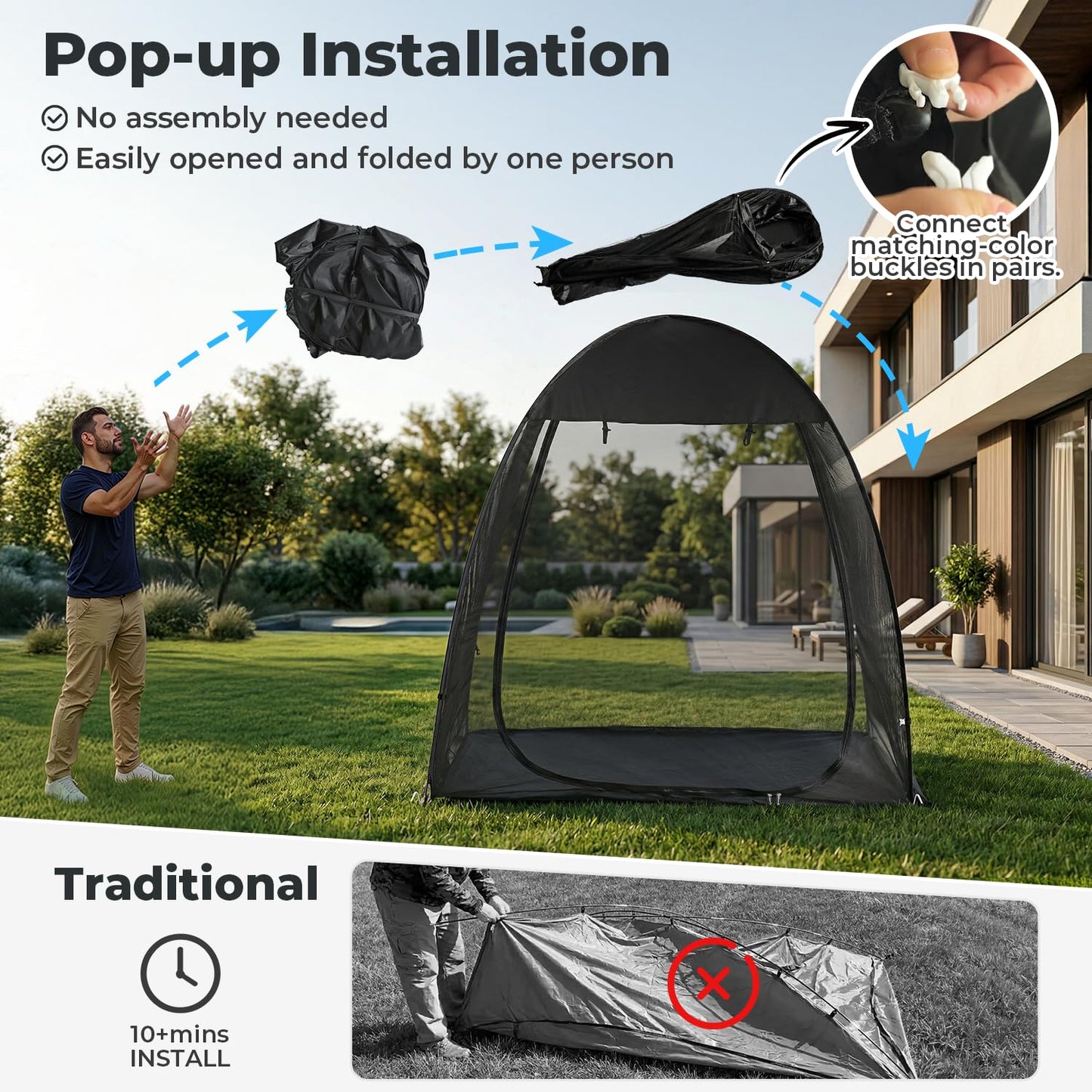 Alvantor® Pop Up Screen House Tent 6x6 FT, Snap-fit Black Mesh Screen Gazebo with Peaked Roof, Portable Screen Room Canopy Shelter with Sunshade & Sandbags for Camping, Backyard, Picnic