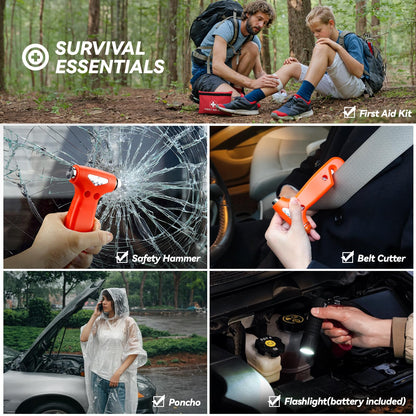 Car Emergency Safety Kit Bag with Digital Air Compressor,Jumper Cables,First Aid Kit, Winter Vehicle Roadside Safety Kit with Detachable Snow Shovel, for Women, Men, Teen