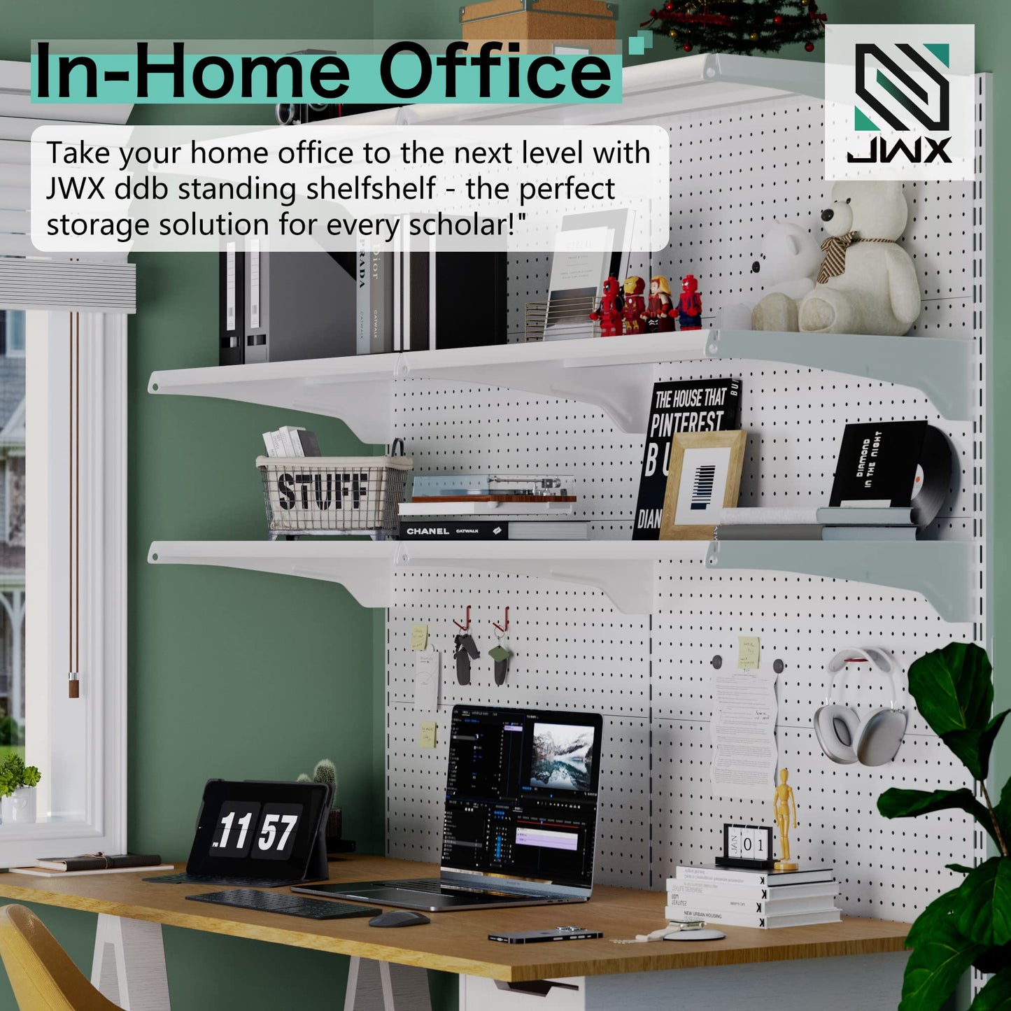 JWX Standing Pegboard Shelf Unit, White Gaming Home Office Garage Cabinets with Metal Pegboard and 15 Pieces Organizer Tool Holders