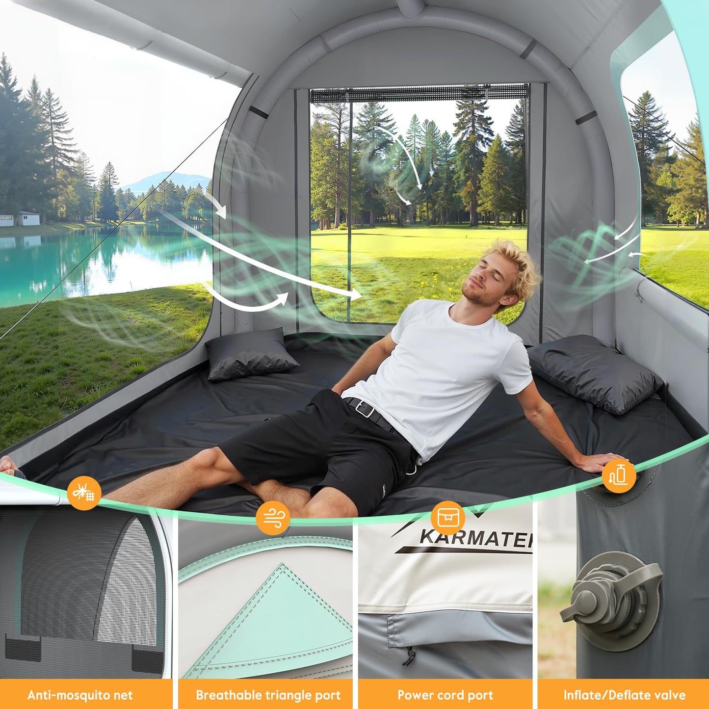 Inflatable SUV Tent for Camping, Large Quick Setup Blow Up Glamping Tents, 6-Person Tent with Detachable Car Attachment, Van Tents with Storage Bag &Projection Screen, Waterproof SUV Awning for Travel