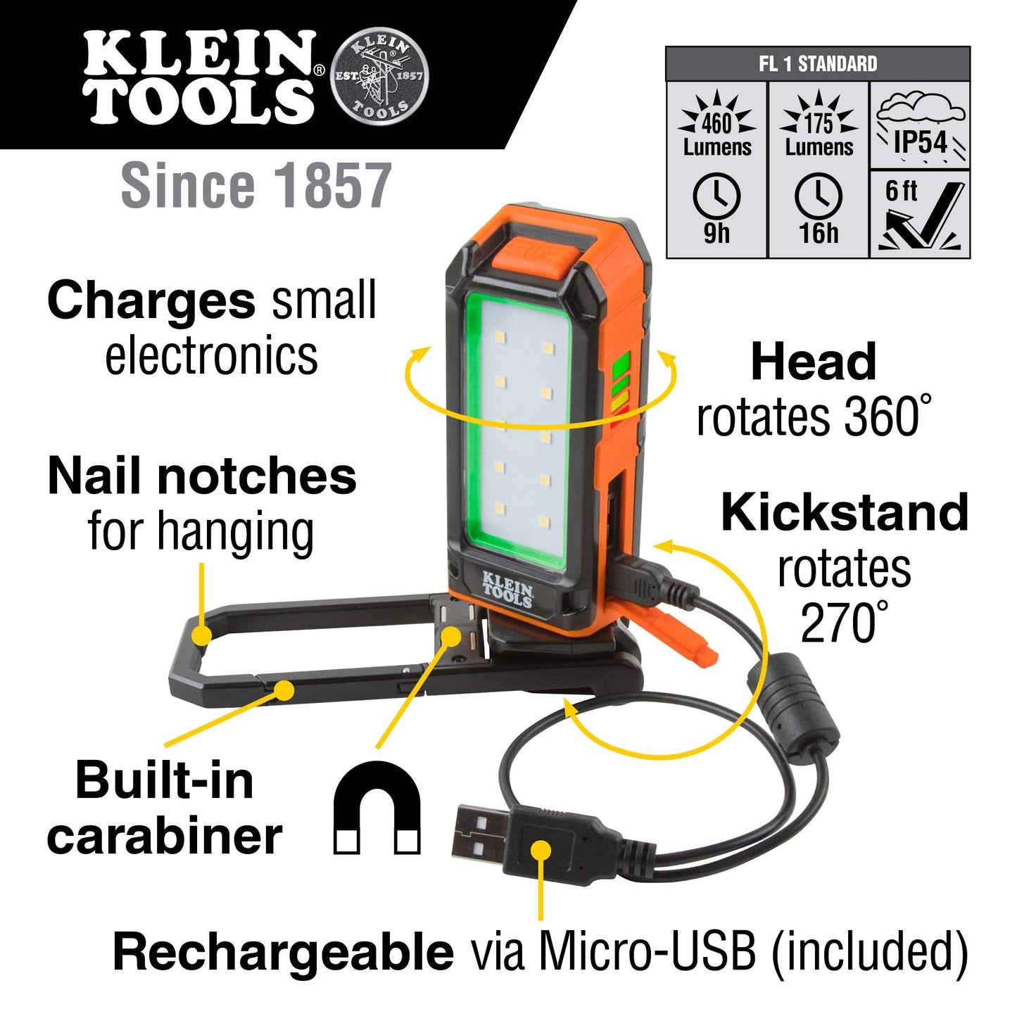 Klein Tools Recharge Headlamp Fabric Strap 400 Lumens All Day Runtime & 56403 LED Light, Rechargeable Flashlight/Worklight with Kickstand and Carabiner, Charges Small Electronics, for Work, Camping
