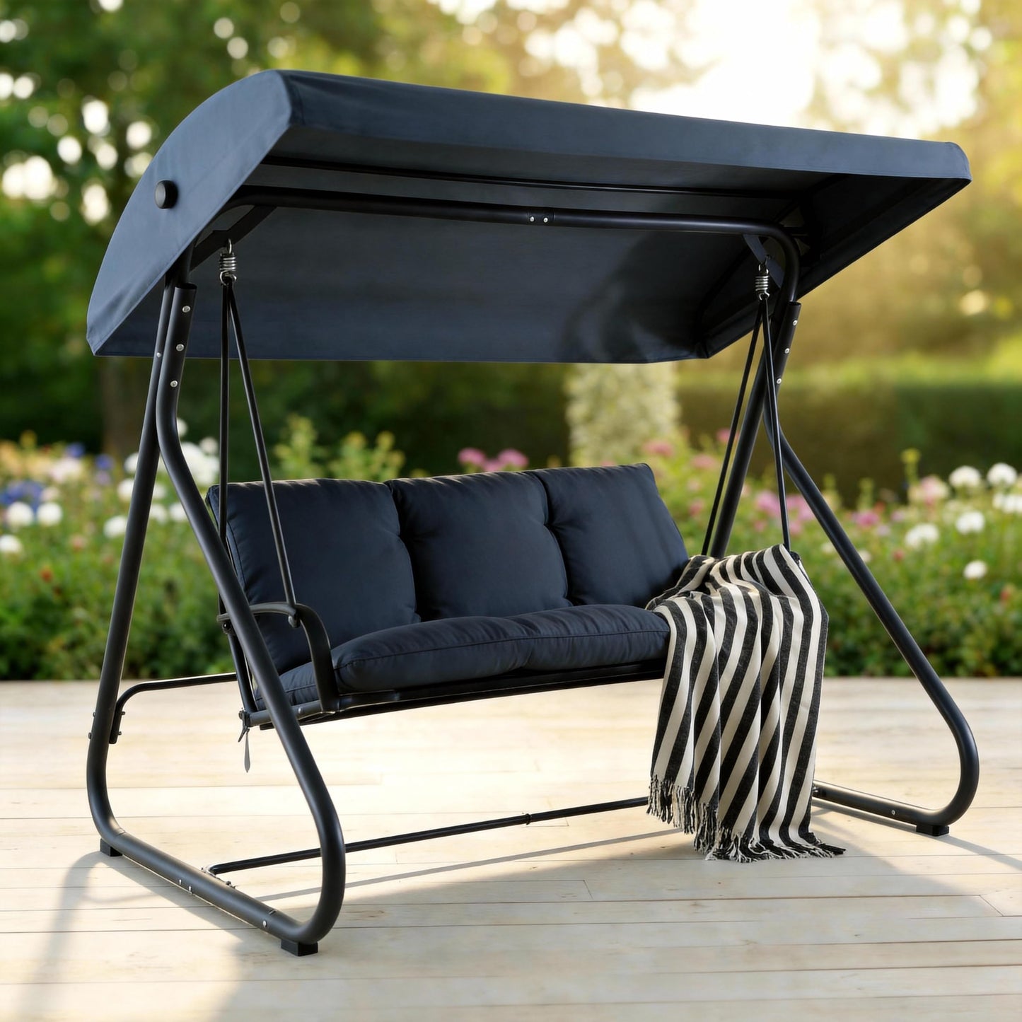 3-Seat Outdoor Convertible Swing Glider with Adjustable Canopy, 2-in-1 Bench to Flat Bed, Removable Cushions, Heavy-Duty Metal Frame, 750 LBS Weight Capacity for Patio, Backyard, Porch, Garden, Blue