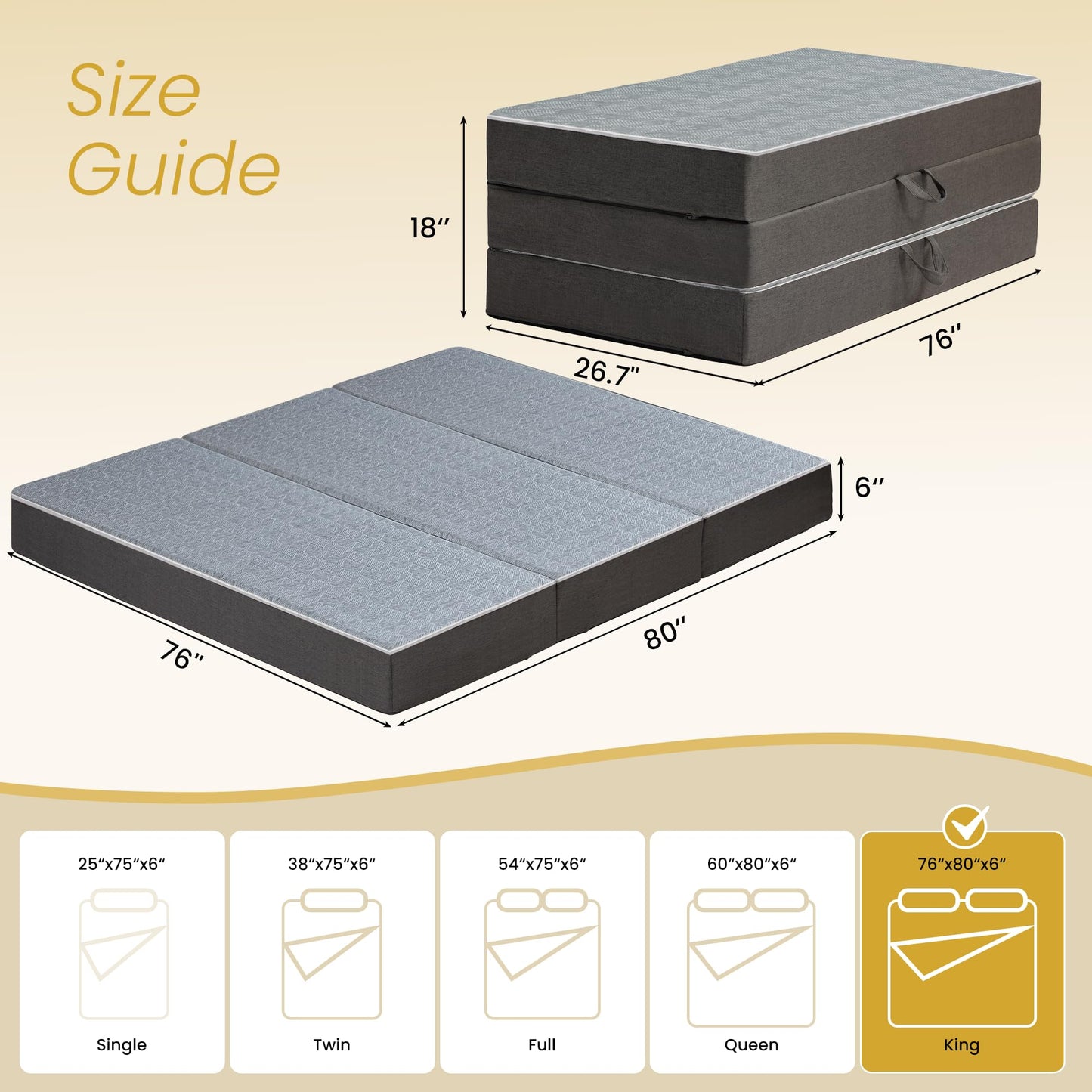 Tri Folding Mattress King Size - 6 Inch Dual-Layer Memory Foam Foldable Mattress Portable Floor Bed Sofa with Removable Washable Cover, Handle & Non-Slip Bottom for Guest, Camping, RV, Yoga, Home Use