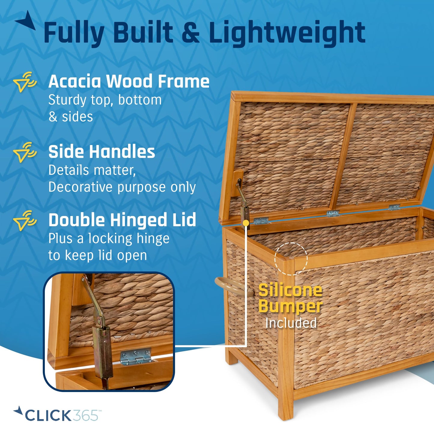 ClickDecor Wilson Wicker Storage Trunk with Lid, 30 Inch Handwoven Water Hyacinth Storage Chest with Acacia Wood Frame, Farmhouse Blanket Basket for Living Room, Bedroom or Entryway, Natural Brown