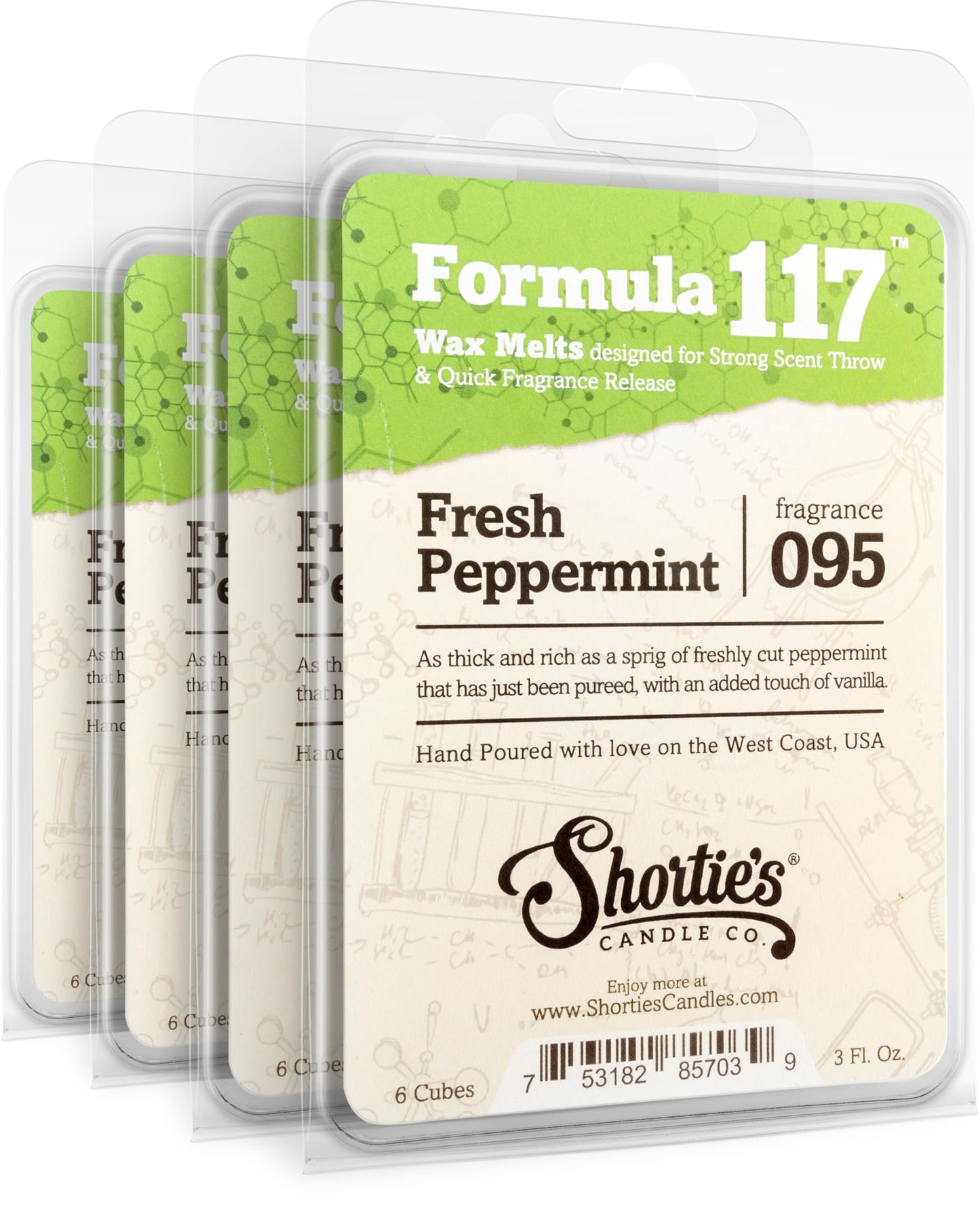 Shortie's Candle Company Fresh Peppermint Premium Wax Melts 4 Pack - 12 Oz., Strong & Long Lasting, Non-Toxic - Made with Essential & Natural Oils - Formula 117